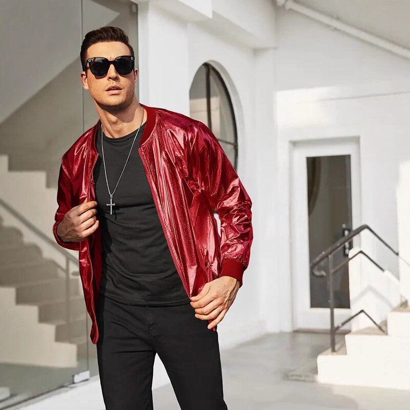 2025 Men's Shiny Metallic Jacket 70S Disco Christmas Party Varsity Jacket Zipper Baseball Jacket