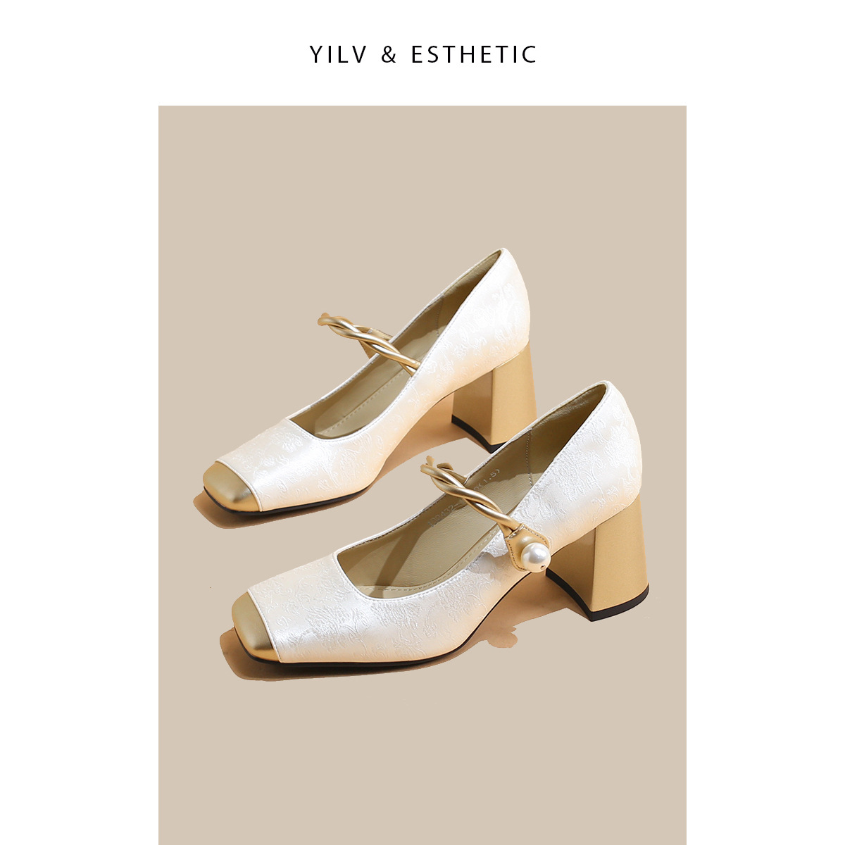 Guofeng nuevos zapatos Mary Jane de cabeza cuadrada de estilo chino para mujer de tacón grueso 2025 nuevo cinturón jacquard con zapatos de tacón alto cheongsam