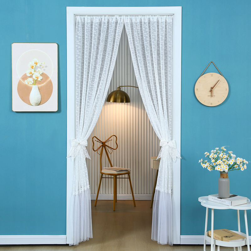 Floral Pattern Long Curtain French Embroidered Lace Door Curtain, No Drilling Required, Decorative and Beautifying, Textured Transparent for Indoor Use Floral Pattern Long Curtain French Embroidered Lace Door Curtain, No Drilling Required, Decorative and Beautifying, Textured Transparent for Indoor Use
