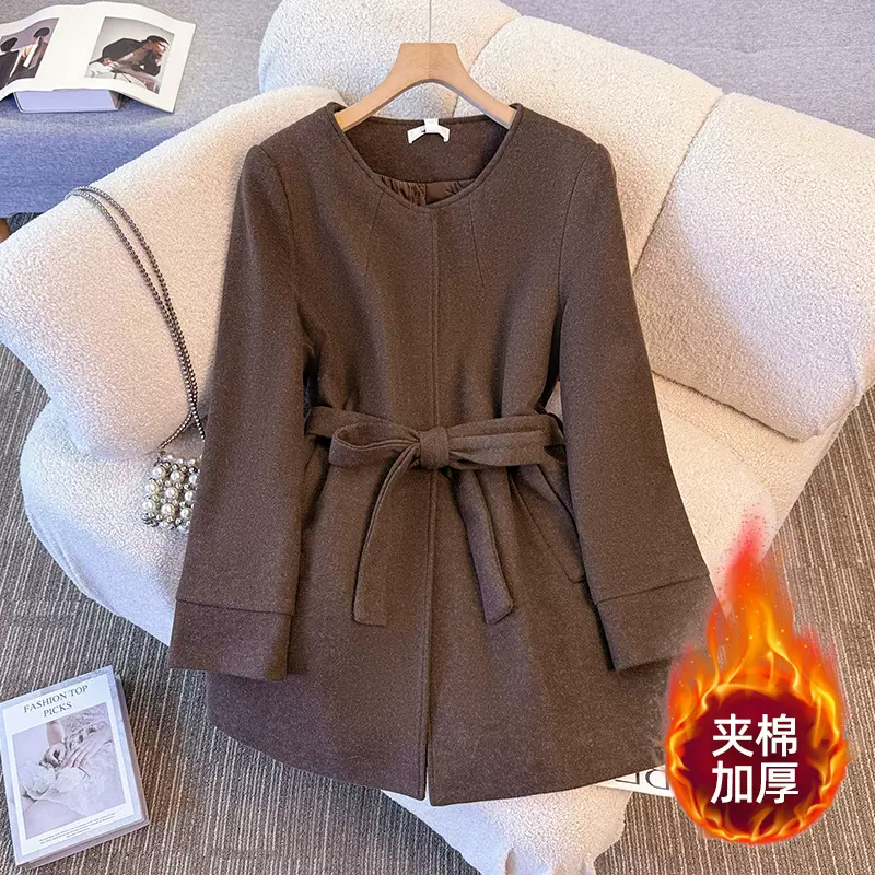 130-350斤大码女装胖mm冬新款夹棉加厚美拉德风时尚系带呢子外套