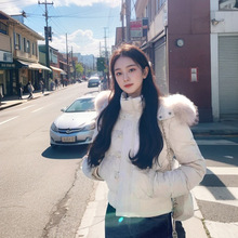 2025韩系小个子设计感毛领连帽棉服女短款冬新款大毛领加厚外套