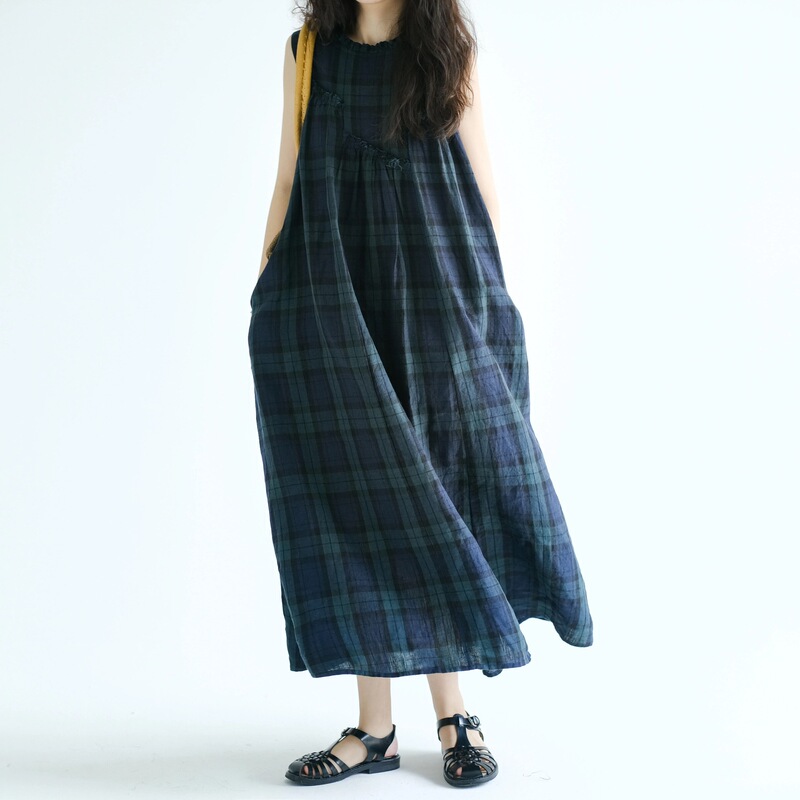 2026 Summer New Style Cotton and Linen Large Size Plaid Vest Dress with Ruffled Trim at the Chest and Sleeveless Design 2026 Summer New Style Cotton and Linen Large Size Plaid Vest Dress with Ruffled Trim at the Chest and Sleeveless Design