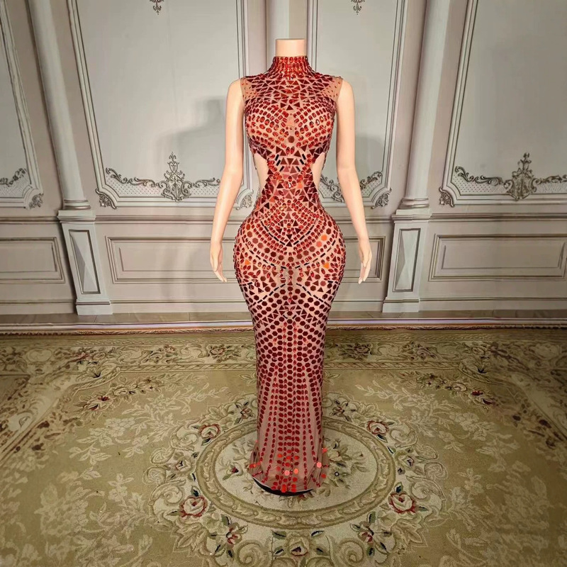 Luxurious Sequined Sexy Cut-Out Sleeveless Dress for Concert, Social Event, Annual Meeting, Award Ceremony, and Host Evening Gown