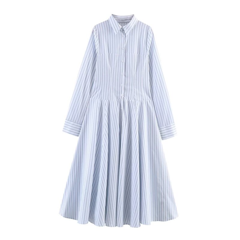 Pb&Za Women's Clothing 2026 Spring New Korean Style Casual Striped Shirt-Style Midi Dress 3067331
