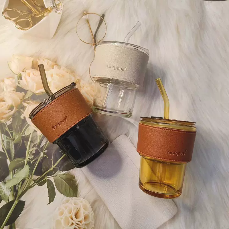 高颜值吸管玻璃杯网红代发礼品杯办公室咖啡杯新款带盖竖纹竹节杯