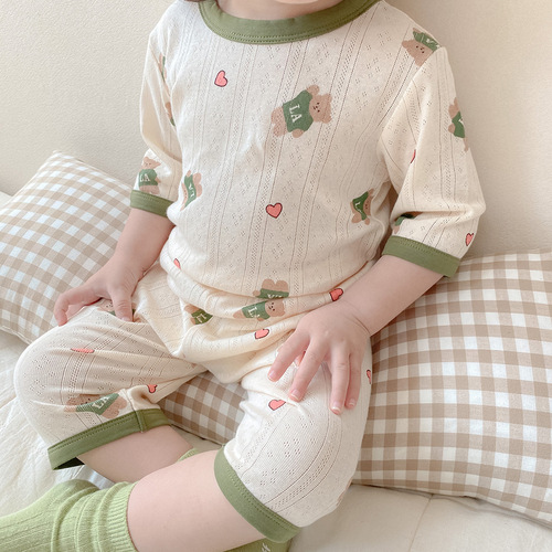 2024 Children's Pajamas Category A 100% Cotton Summer Children's Home Clothing Seven-Piece Set Baby Air Conditioning Pajama Set Lightweight