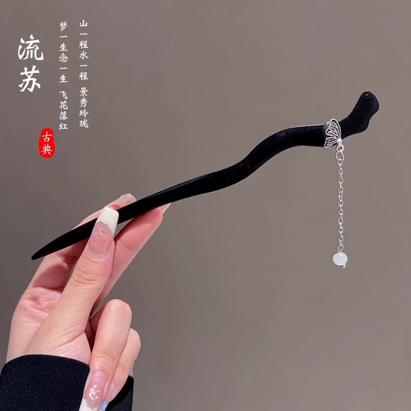 Pinzas de cabello de madera de madera negra antiguo estilo femenino de alta calidad nuevo estilo chino bordilla de cabello de cabello de caballo de estilo Hanfu paso de caballo de cabeza de falda