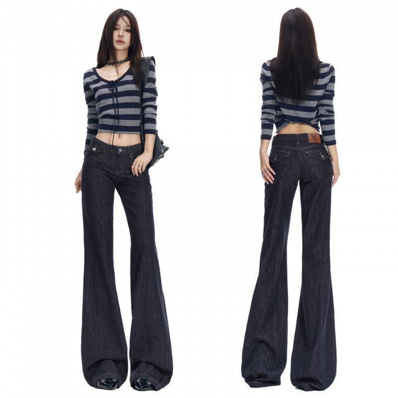 Wholesale of American-style retro low-waist, slightly flared jeans with a zipper and a flowing drape, versatile denim pants