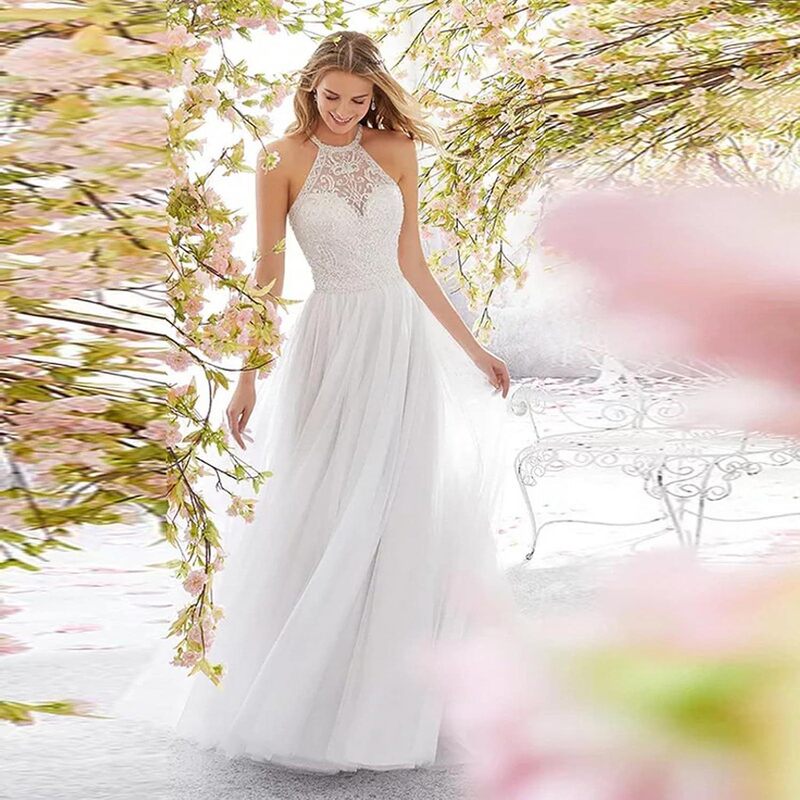 Foreign Trade 2025 New Style Halter Style Slim Lace Small Tail Mesh See-Through Large Backless Wedding Dress Travel Photography Gauze