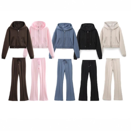 Cross-Border Foreign Trade European and American Aliexpress Stitching Decorative Double-Sided Cloth Bell-Bottom Pants Sports Casual Hooded Sweatshirt Suit for Women