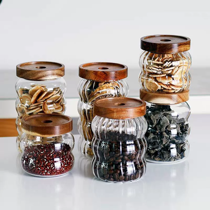 Ст striped glass sealing tank acacia wooden lid storage tank transparent storage storage tank coffee bean tea sealed can