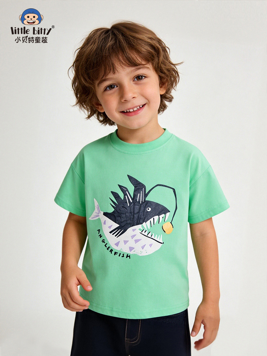 Cross-Border European and American Style 2026 Spring/Summer Short-Sleeve Children's T-Shirt with Cartoon Greedy Fish Print, Round Neck Children's Top Clothing
