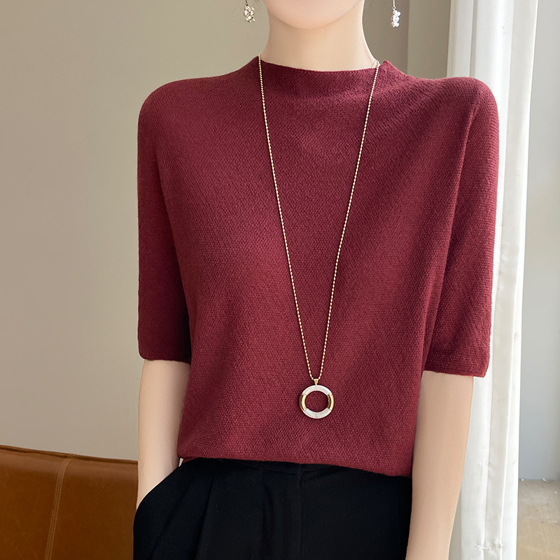 Summer New Arrival Worsted Wool Half-High Collar Knitted Half-Sleeve T-Shirt Women's Thin Elegant Base-Layer Shirt Half-Sleeve Top