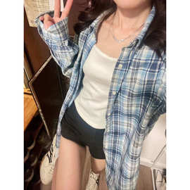 新款潮流蓝色格纹衬衫外套宽松休闲遮肉中长款衬衣外穿