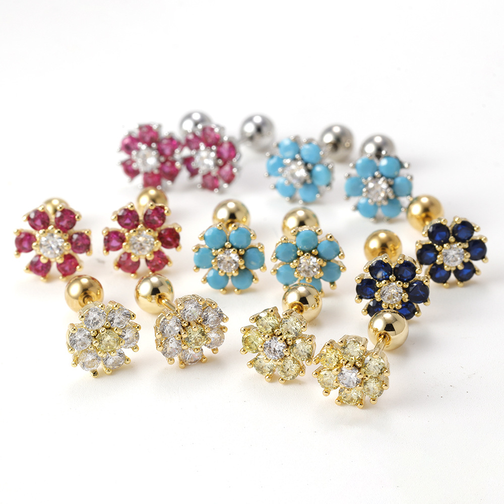 1 Paire Sucré Fleur Placage Incruster Acier Inoxydable Zircon Boucles D'oreilles display picture 3