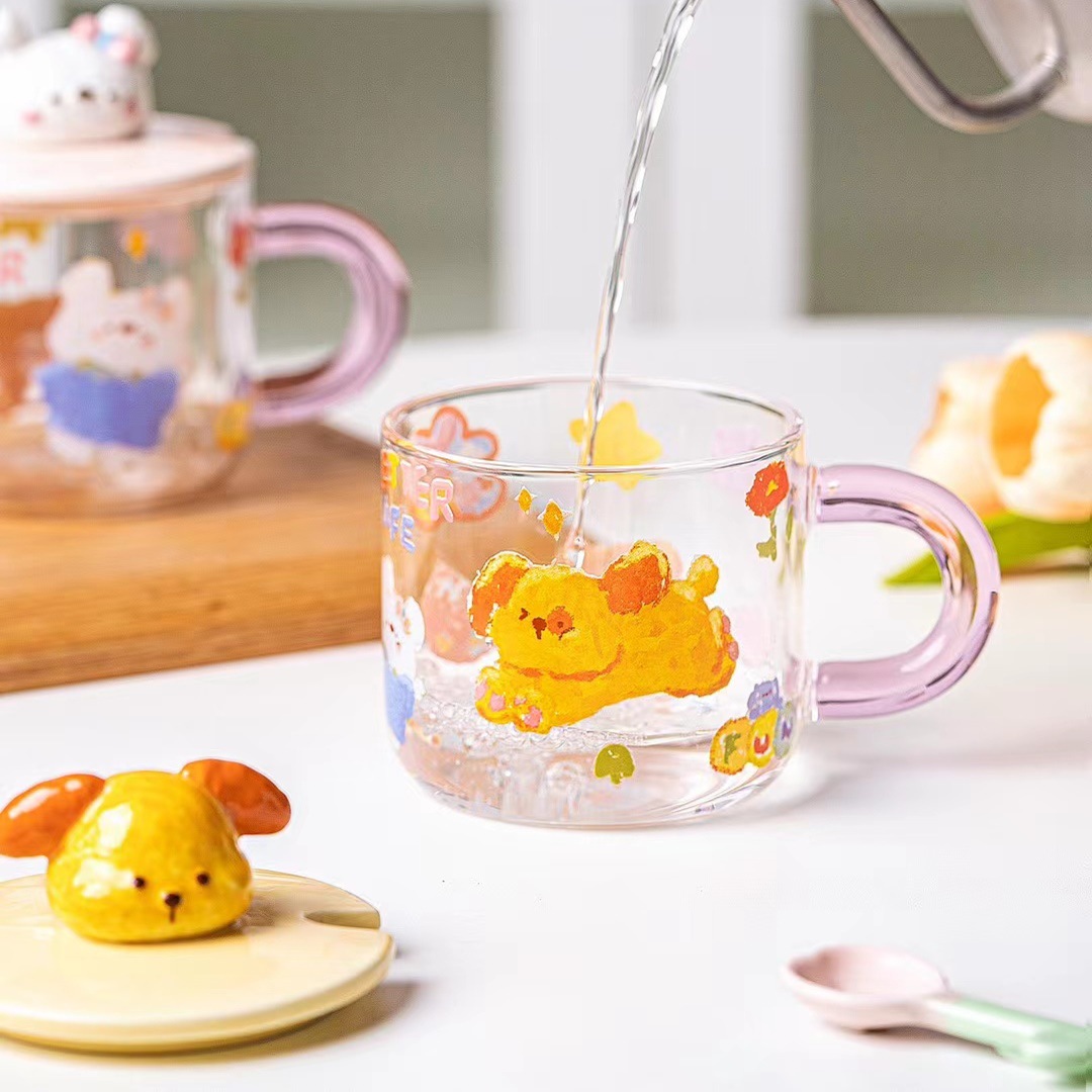 Creativo de dibujos animados animal de vidrio con tapa cuchara oficina taza de beber personalidad de alta apariencia lindo desayuno taza resistente al calor