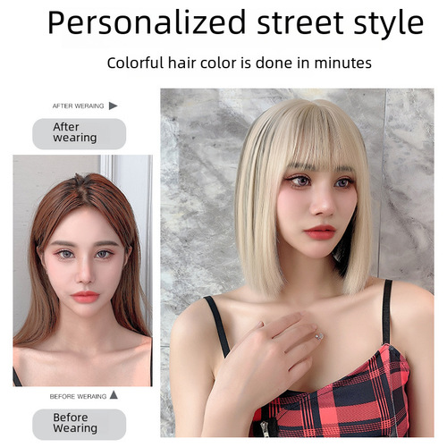 Oushu Female Short Hair Influencer Earphone Color Full Head Suit Clavicle Hair Round Face Fringe Bob Haircut Inward Style Entire Head Suit