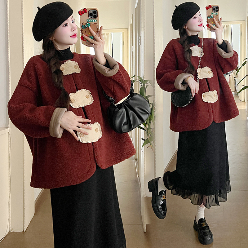 임산부 옷 가을 겨울 정장 신상 중국 스타일 국가 스타일 설날 전투 가운 재킷 속옷 니트 바텀 롱 스커트 투피스 정장