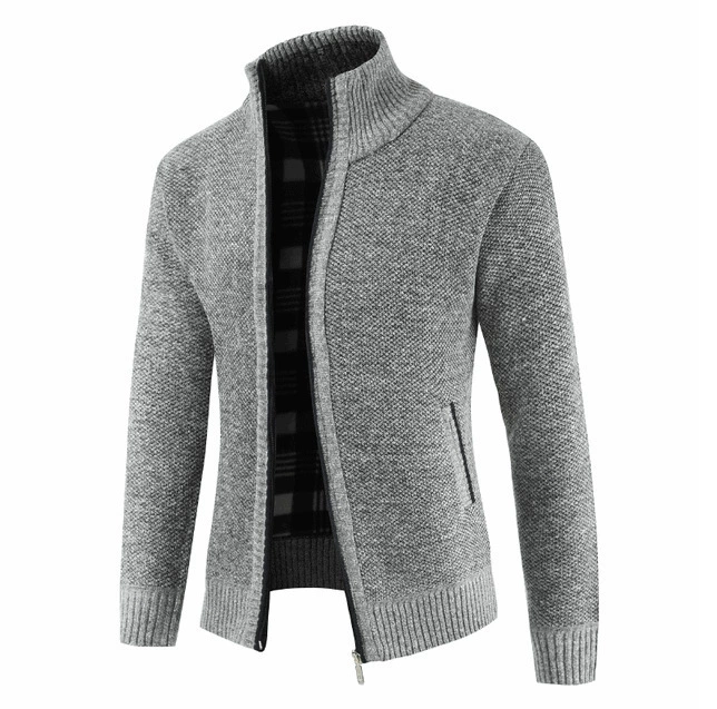 Men’s winter zip sweater coat, knit outer with lined interior, stand collar, M–XXXL