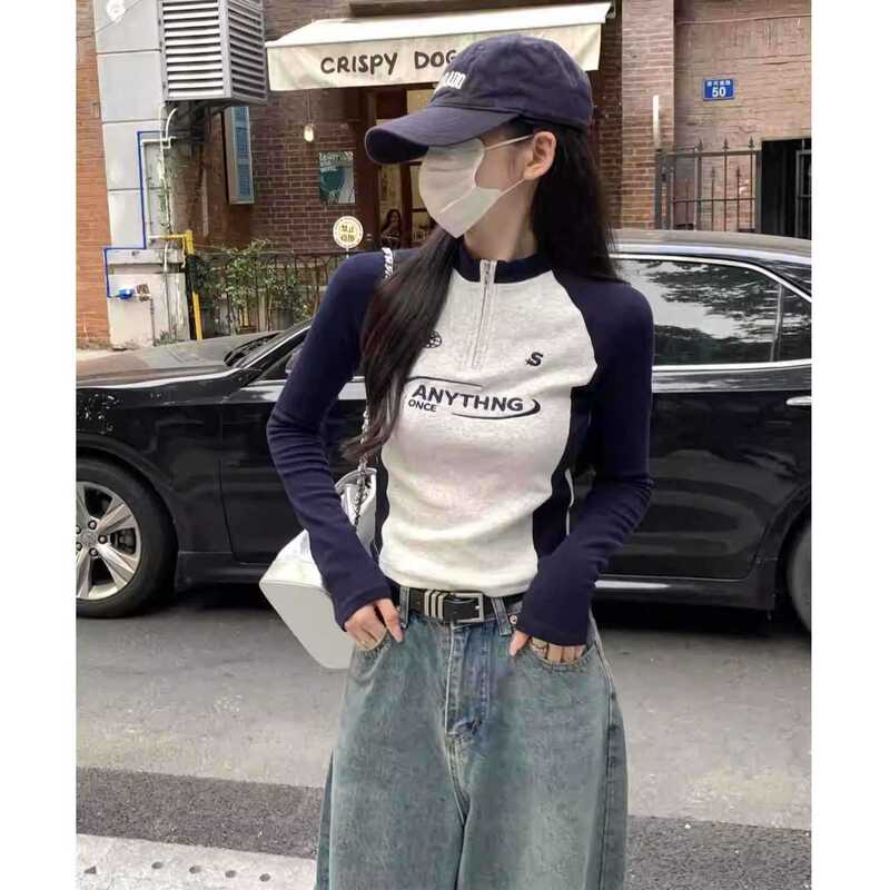 American Retro T-Shirt Long-Sleeved Women's Autum New Slim-Fitting Zipper Inner Bottoming Shirt Short Contrasting Embroider Top American Retro T-Shirt Long-Sleeved Women's Autum New Slim-Fitting Zipper Inner Bottoming Shirt Short Contrasting Embroider Top