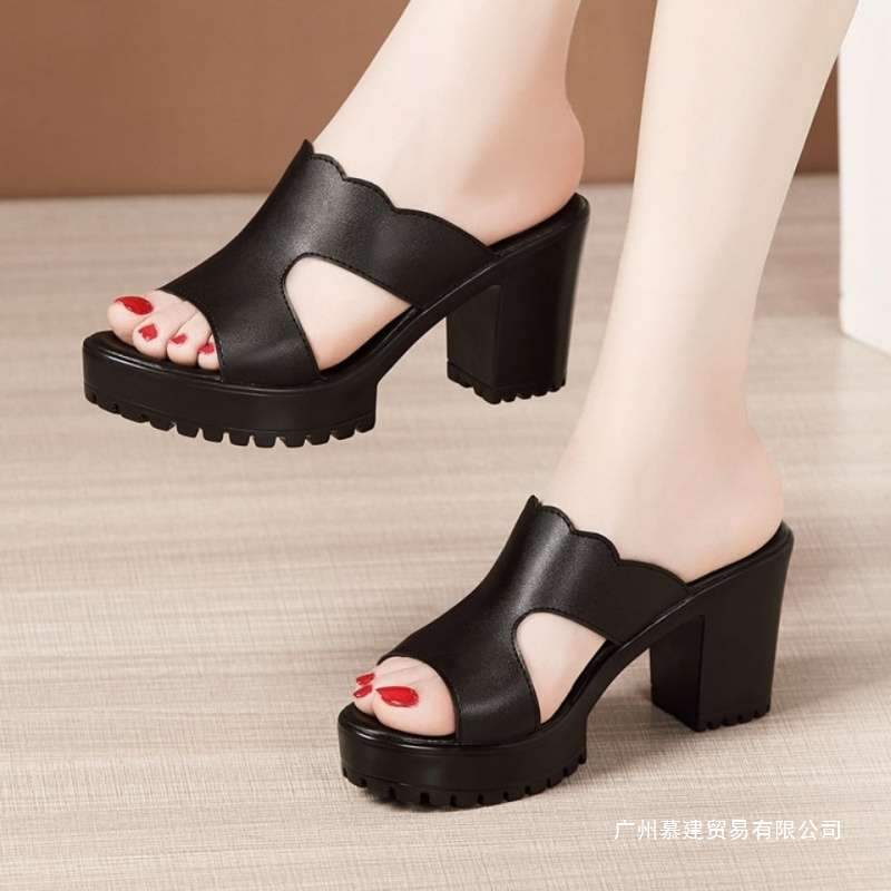 High-Heeled Slippers for Women's Summer Outer Wear Fashion 2020 New Thick-Heeled Soft Leather Soft-Soled Non-Slip Thick-Soled Fish Mouth Sandals for Women