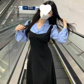 官图【后包领做工】秋冬新款撞色拼接假两件收腰系带A字长袖连衣