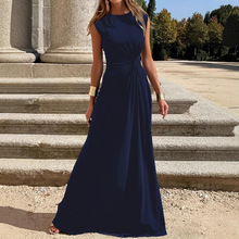 2025亚马逊跨境新款时尚休闲外出气质通勤收腰优雅圆领连衣长裙女