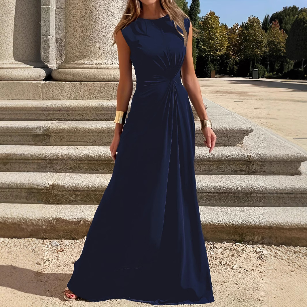 2025亚马逊跨境新款时尚休闲外出气质通勤收腰优雅圆领连衣长裙女