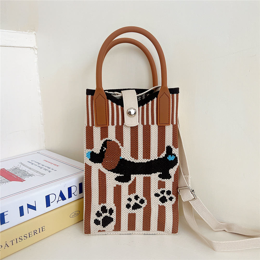 108g Weight Polyester Lining Material Buckle Closure Type Top Handle Strap Type Handbag Bags Type Casual, Daily Occasion Knit Material Cat Pattern All Seasons Season Women's Gender Vintage Style, Classic Style Style Bucket Shape Small Size Women's Small Knit Cat Vintage Style Classic Style Bucket Buckle Handbag 28