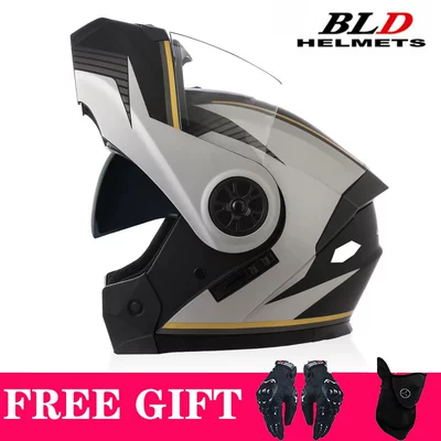 Motosiklet kaskı (dəbilqə) — Helmets, Dual-Lens Flip-Up Helmets, Riding - matte-gold-gray-transparent-lenses-comes-with-mask-gloves-s55-56