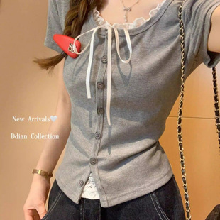 Miu Lace Splicing Fake Two-Piece Bow Tie Short-Sleeved T-Shirt for Women Summer Pure Desire Bm Inner U-Neck Top