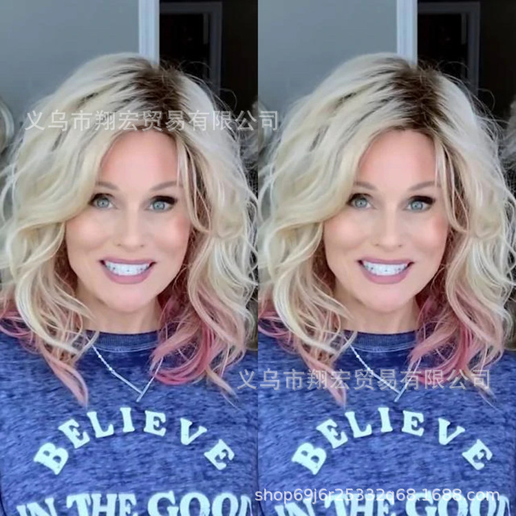 2022 independent website new hot selling European and American wig edge split long bangs mixed color short curly hair medium long hair wholesale