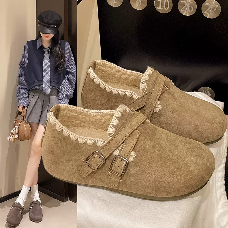 厚底内增高全包勃肯棉鞋女2025秋季新款一脚蹬单鞋豆豆鞋乐福鞋女