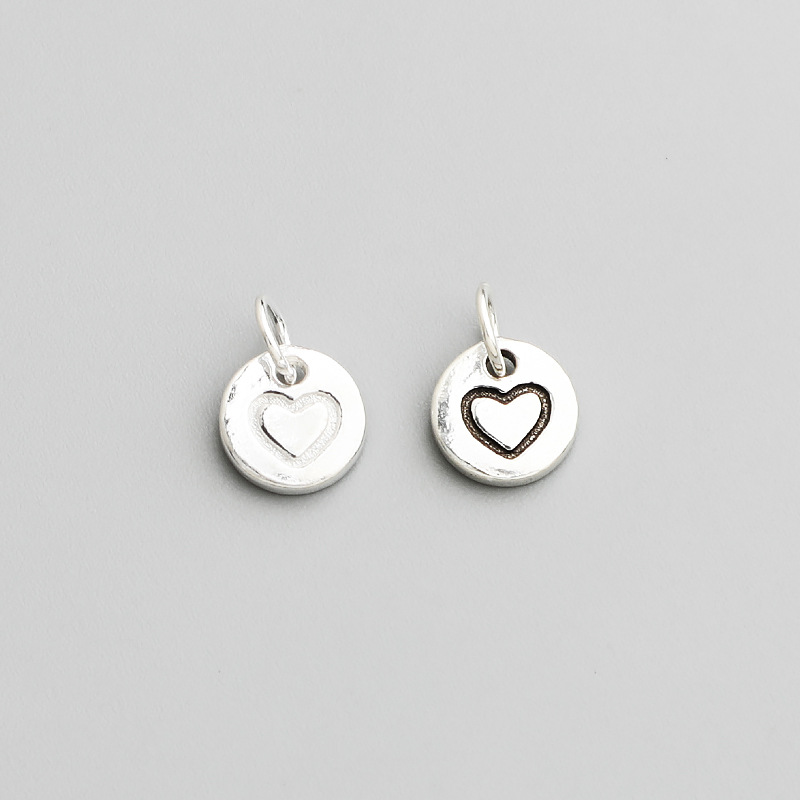 s925純銀泰銀愛心圓牌吊墜DIY手工編繩串珠手鍊項鍊材料心形掛件