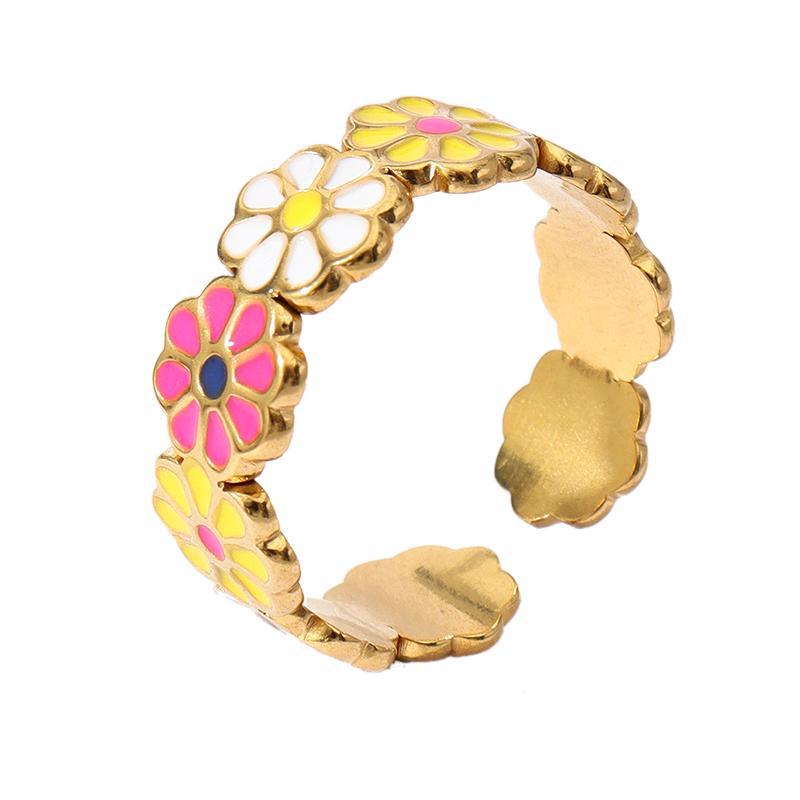 12g Weight Open Rings Classification Adjustable Ring Size 1 Piece Quantity Holiday, Daily Occasion 304 Stainless Steel Material Stripe, Flower Pattern Unisex Gender Enamel Design Retro, Sweet Style Wholesale Jewelry Retro Sweet Stripe Flower 304 Stainless Steel Enamel Open Rings 9