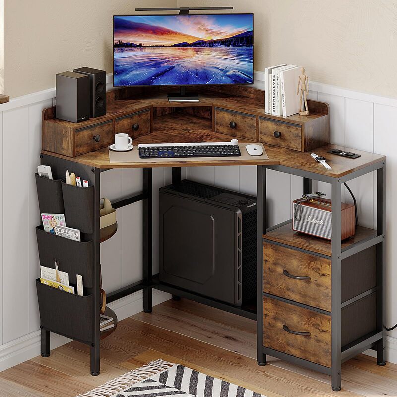Corner Table with Fabric Drawer, Power Outlet, Computer Desk, Gaming Desk, Printer Monitor Stand, Writing Desk Corner Table with Fabric Drawer, Power Outlet, Computer Desk, Gaming Desk, Printer Monitor Stand, Writing Desk