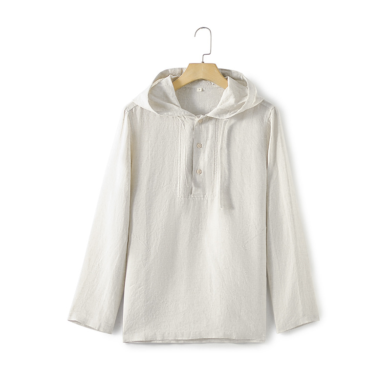 2024 nueva primavera y otoño de lino flojo color sólido con capucha casual Camisa E012