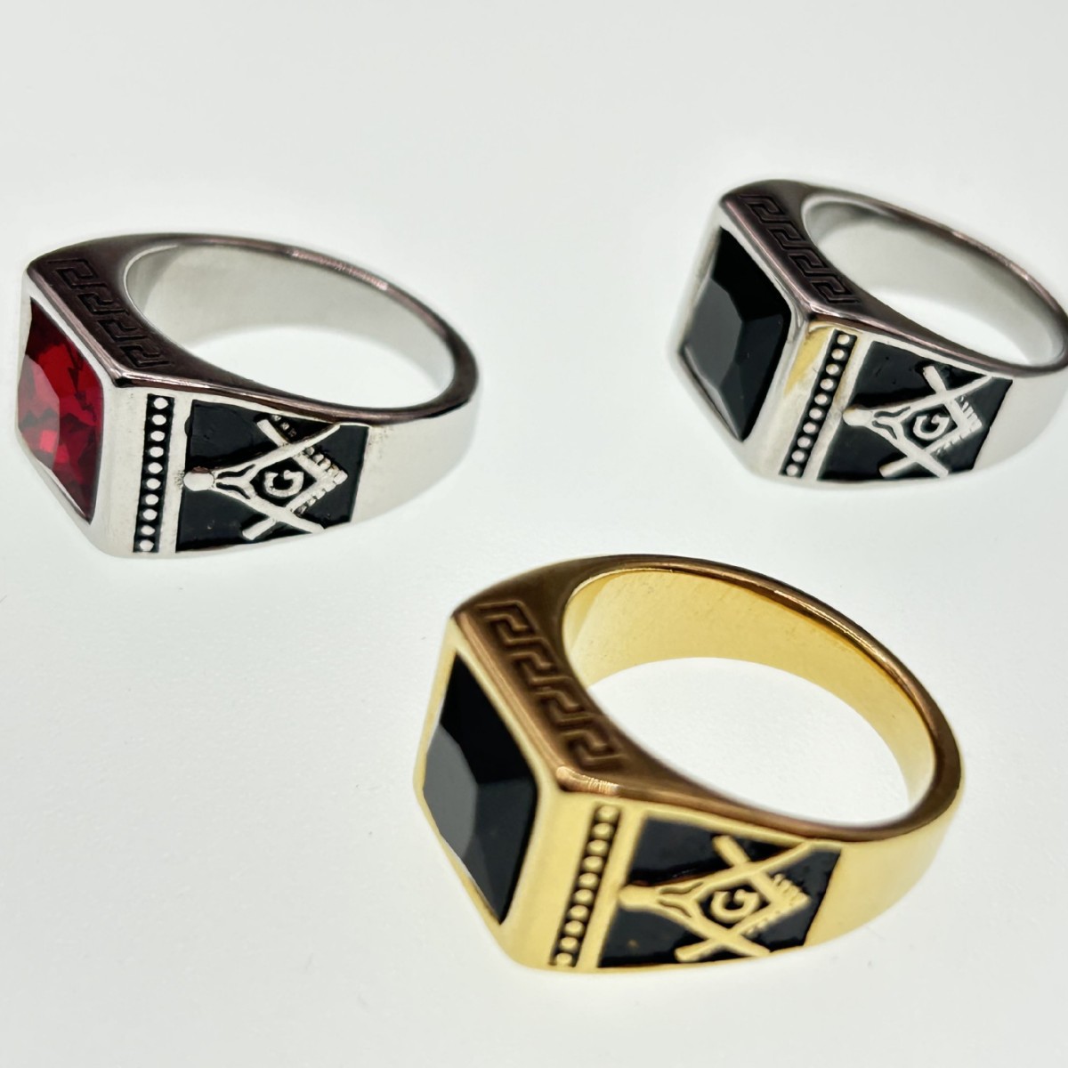 European and American Punk Hip-Hop Titanium Steel Men's Ring Masonic 18K Gold Ring Black Gemstone Ring Factory Direct Sale