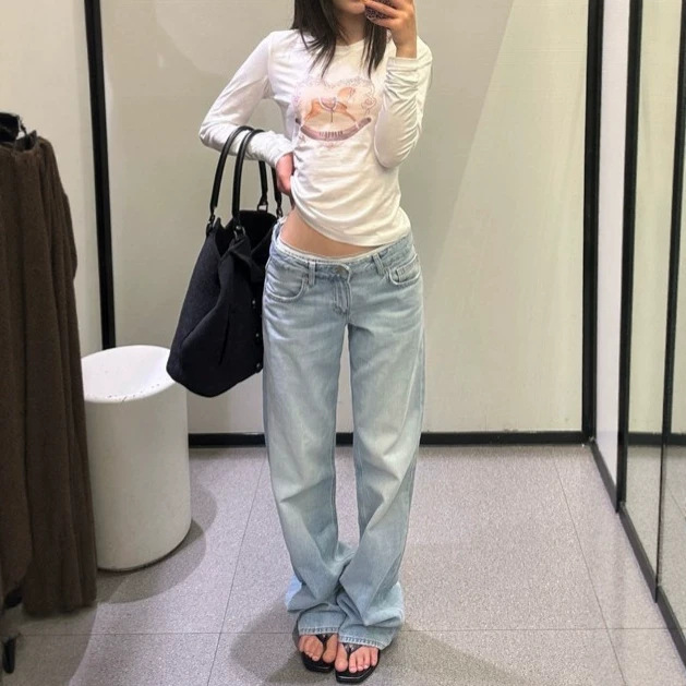 Petite American-Style Light-Washed Straight-Leg Jeans for Women, Summer Low-Waist Slim-Fit Narrow Wide-Leg Floor-Length Pants Petite American-Style Light-Washed Straight-Leg Jeans for Women, Summer Low-Waist Slim-Fit Narrow Wide-Leg Floor-Length Pants