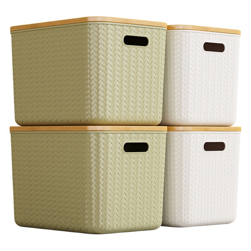 Caja de almacenamiento de sala de estar con cubierta de bambú transfronteriza, cosméticos de plástico, artículos diversos, caja de almacenamiento de dormitorio, ropa, caja de almacenamiento simple para el hogar