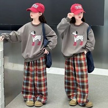 A25春季儿童卫衣格子裤套装中小女童卡通印花圆领休闲外穿两件套