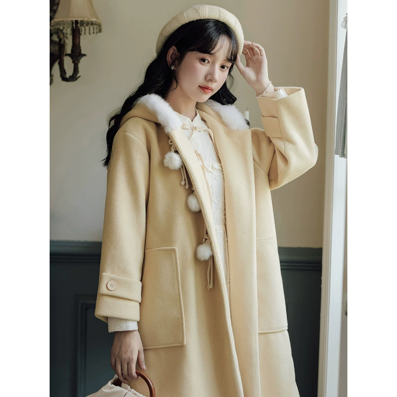 Winter cute yellow colored quilted woolen coat with hood, jacket, increased thickness