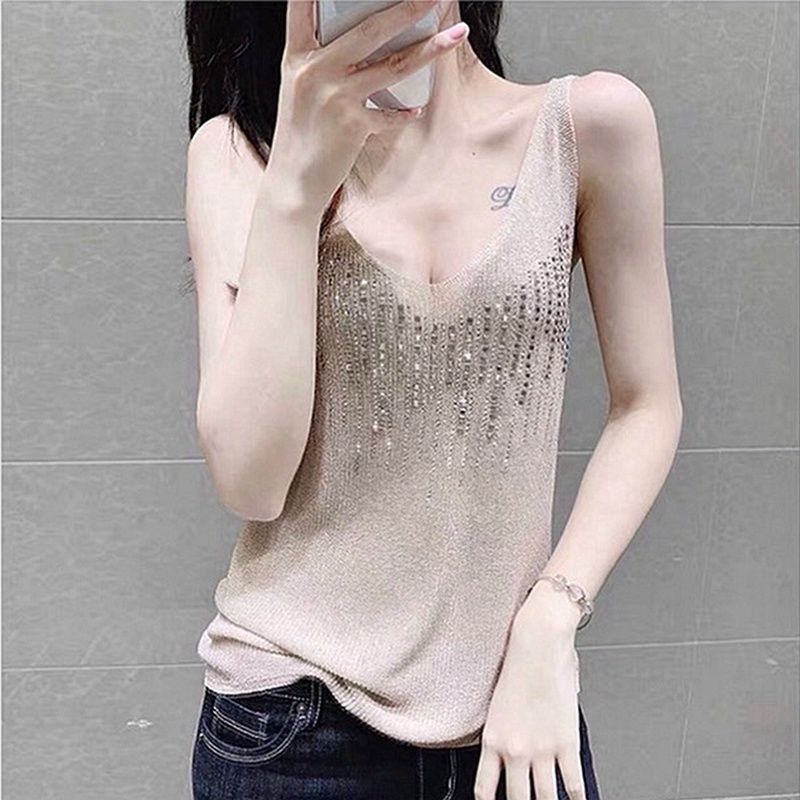 Hot Diamond Vest Suspender Women's Summer Wear 2025 New Outer Collar Sleeveless Knitted Bottoming Shirt Thin Ice Silk Top