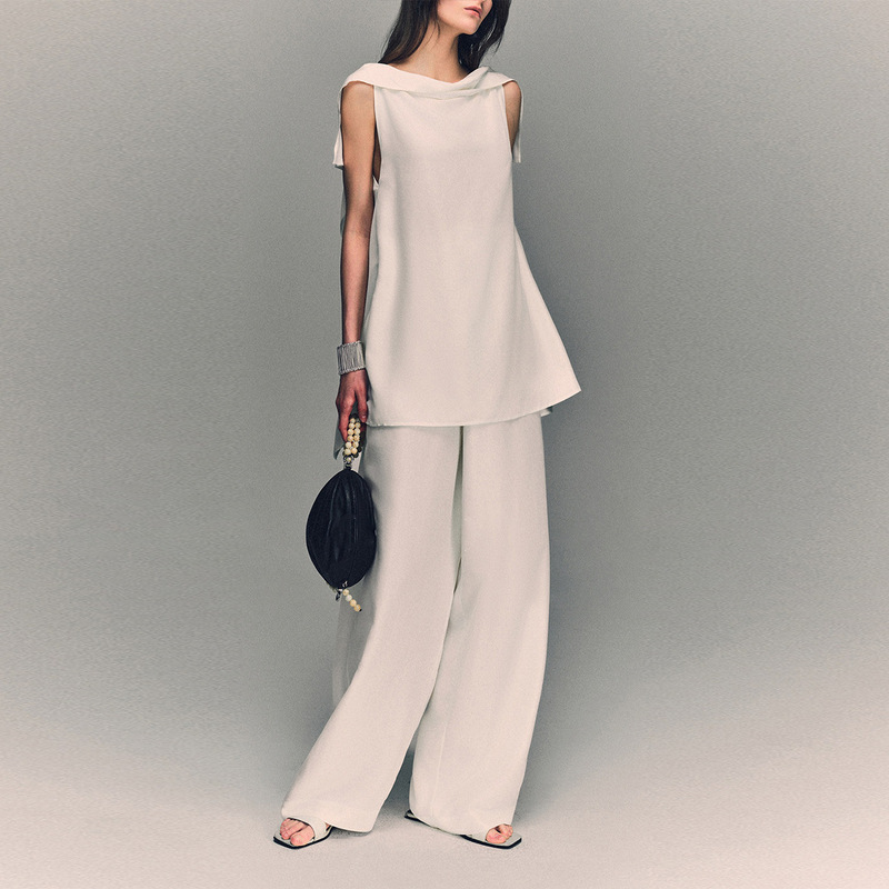 Sleeveless Top with a Quiet Luxury Old Money Style, A-Line Silhouette, Draped Collar Blouse, Summer Loose High-Waisted Wide-Leg Pants Set Sleeveless Top with a Quiet Luxury Old Money Style, A-Line Silhouette, Draped Collar Blouse, Summer Loose High-Waisted Wide-Leg Pants Set