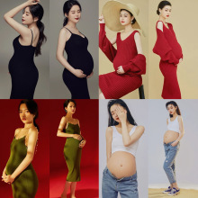 孕妇照服装海马体自己拍红色针织毛衣连衣裙影楼摄影写真小清新