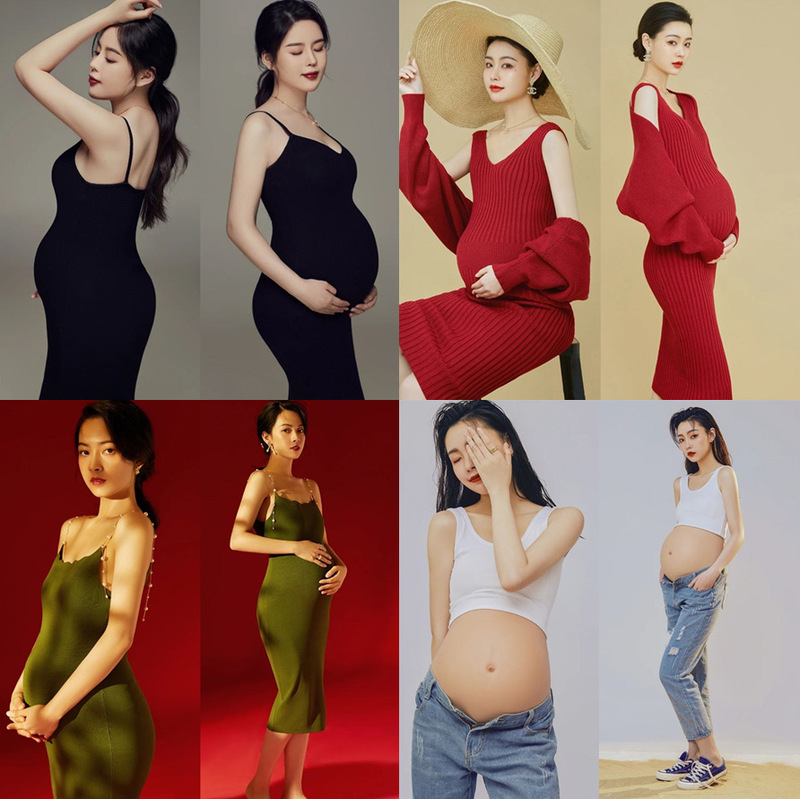 Pregnant women's photo clothing, red knitted sweater, dress photo studio photography, fresh