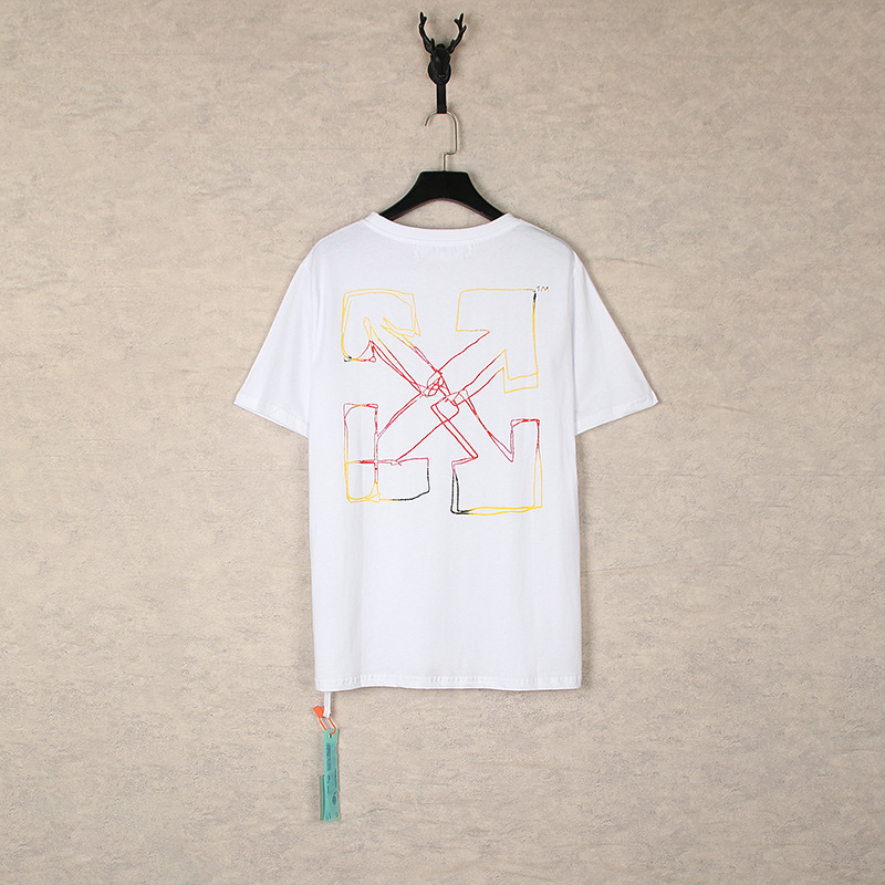 [Código europeo] versión correcta de impresión de acuarela splash tinta gradiente flecha graffiti ow marca de moda de manga corta pareja camiseta