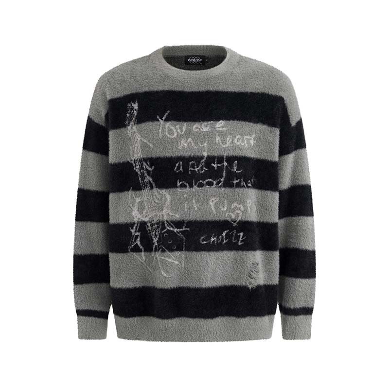 American-style Retro Rock Guitar Alphabet Striped Knitted Sweater Trendy Brand Loose Casual Couple All-match Pullover Top