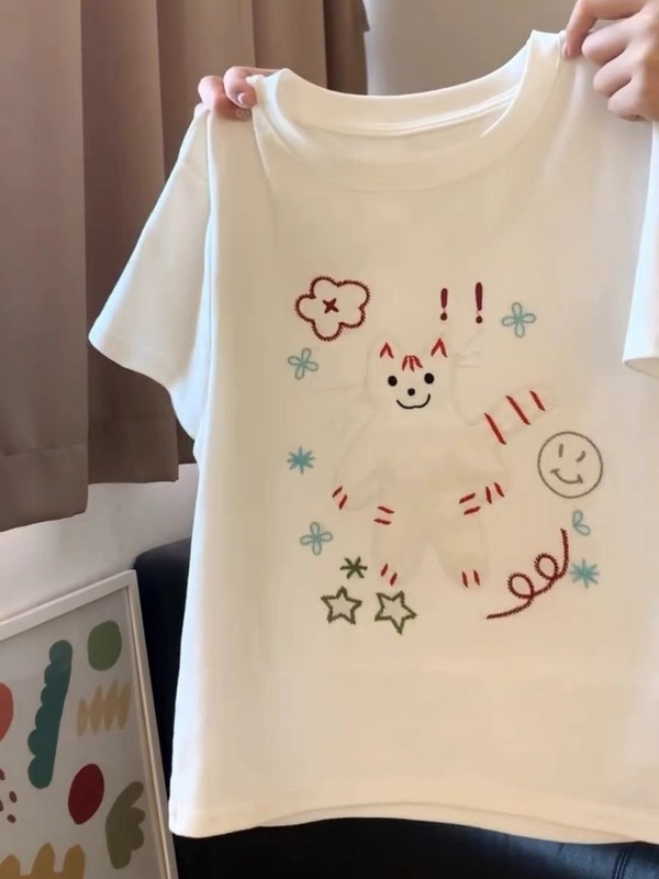 日系卡通猫咪刺绣纯棉短袖t恤女夏2025新款减龄百搭宽松正肩上衣|undefined