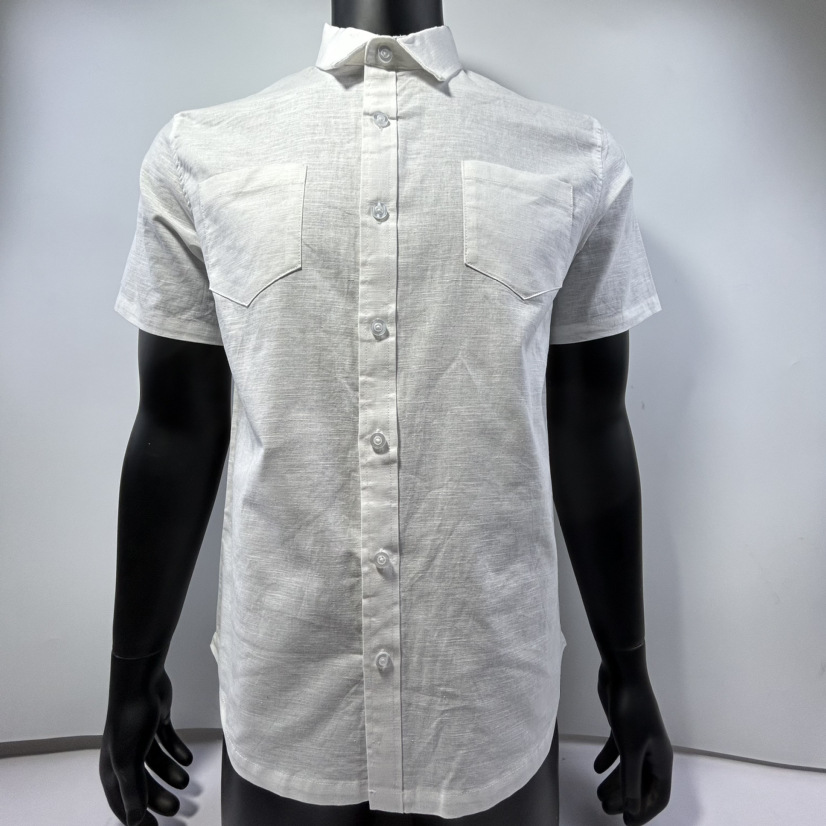 男式棉麻衬衫双口袋短袖衬衣宽松中国风夏季亚麻男士休闲立领上衣